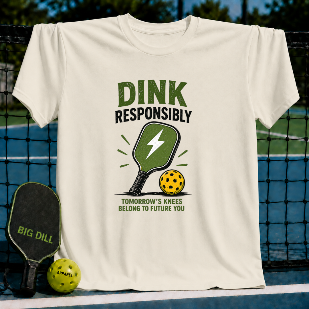 Cream-colored unisex t-shirt featuring a green pickleball paddle, lightning bolt, and Dink Responsibly text graphic.