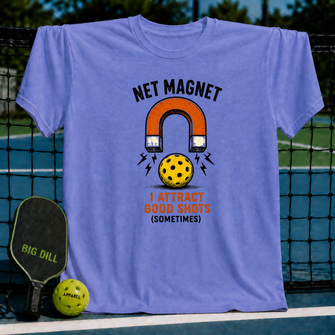 Periwinkle blue unisex t-shirt featuring a vintage horseshoe magnet and yellow pickleball graphic with humorous text.