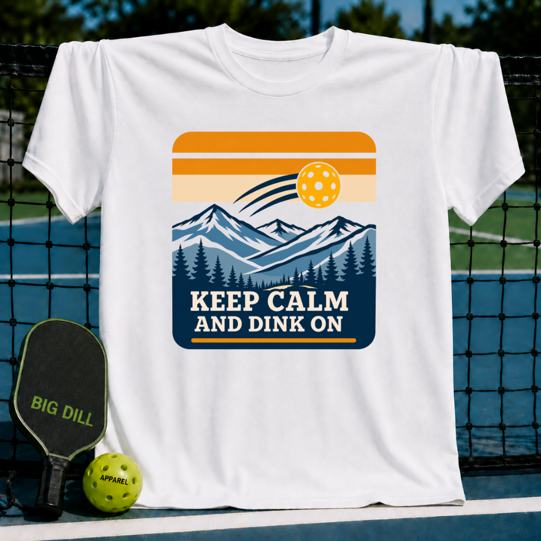 White crew neck t-shirt featuring a mountain landscape graphic with a pickleball and the text Keep Calm And Dink On.