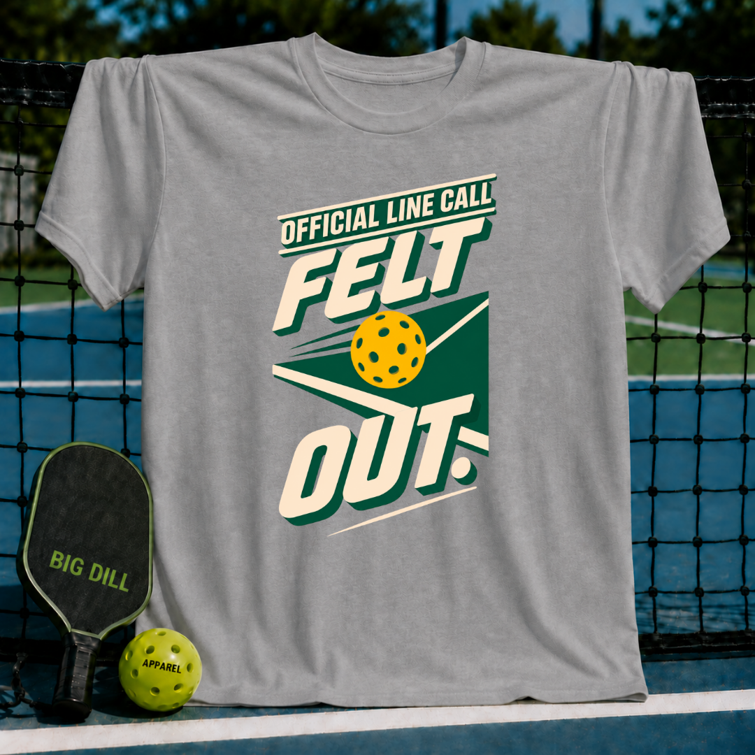 Grey cotton t-shirt featuring a green and yellow pickleball graphic that says Official Line Call Felt Out.