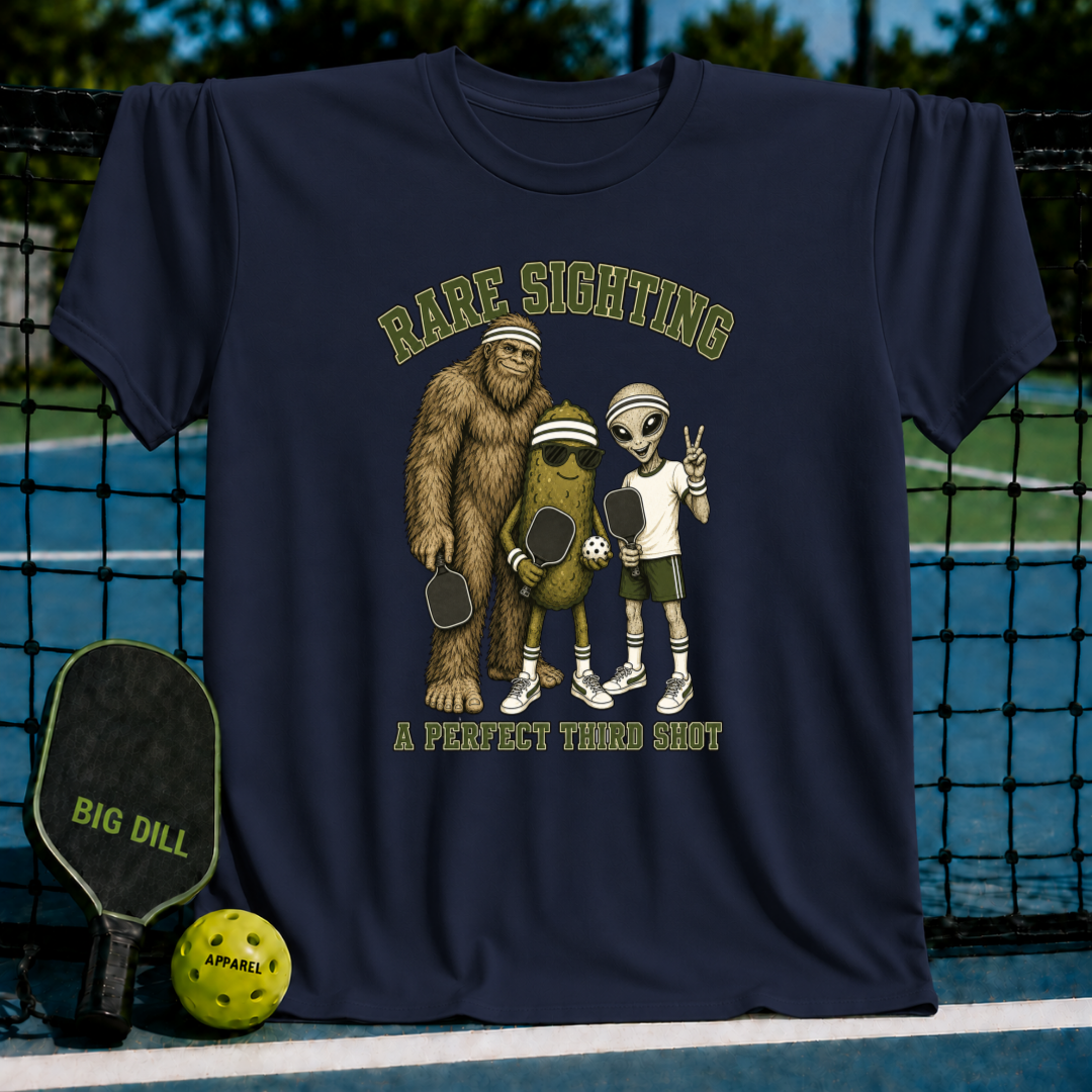 Navy blue t-shirt featuring a graphic of Bigfoot, a pickle, and an alien playing pickleball with the text Rare Sighting.