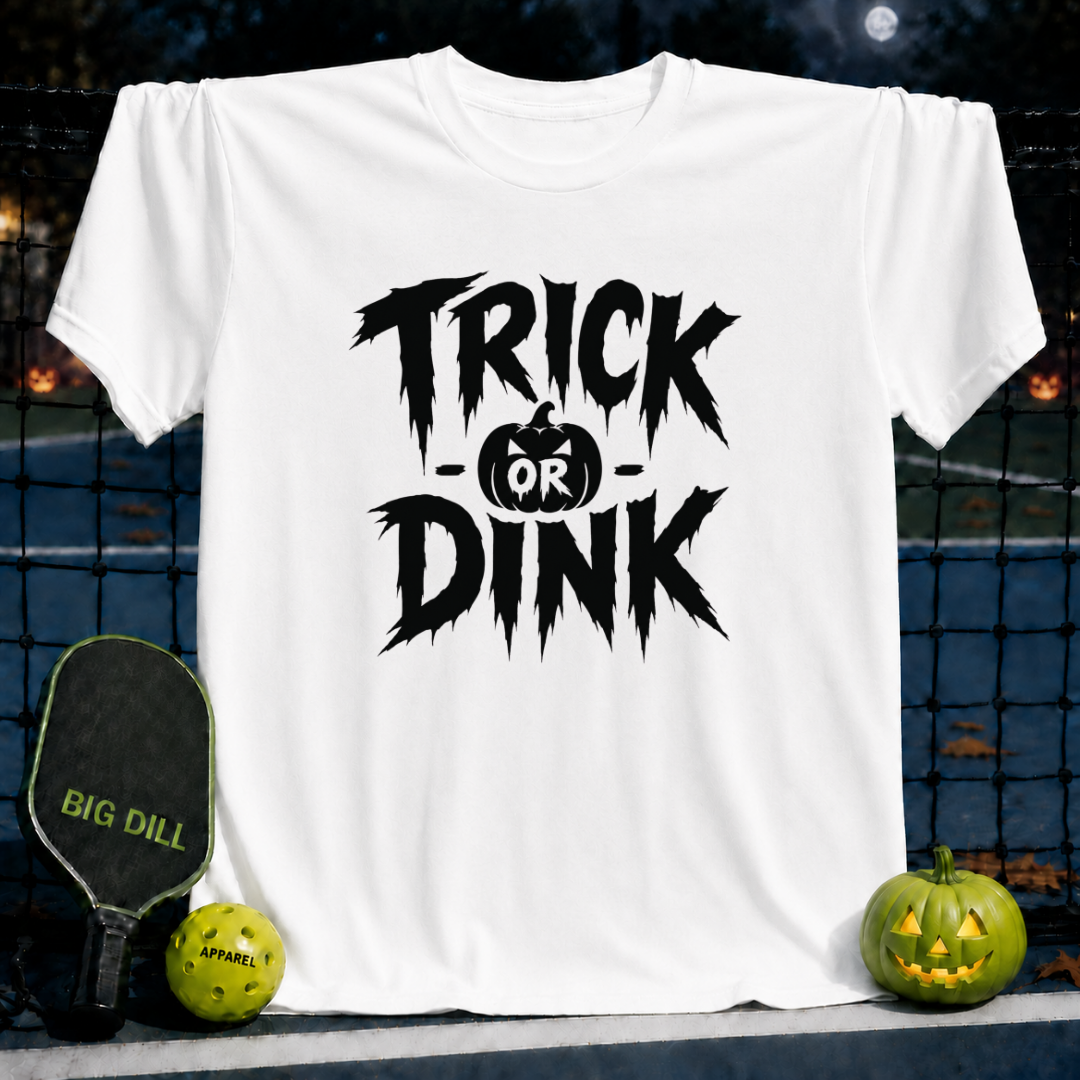 White unisex pickleball t-shirt featuring a black Trick-or-Dink Halloween graphic with a pumpkin design.