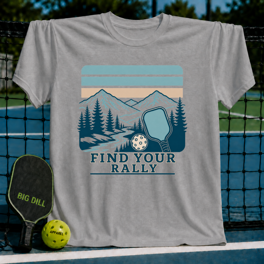 Grey crewneck t-shirt featuring a vintage mountain and pickleball graphic with the text Find Your Rally.