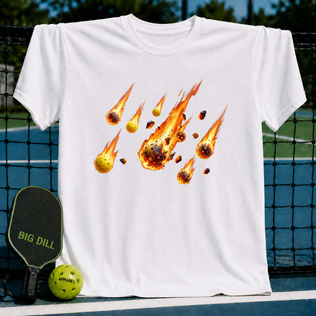 White unisex t-shirt featuring a flaming pickleball meteor shower graphic on the chest, displayed on a pickleball court.