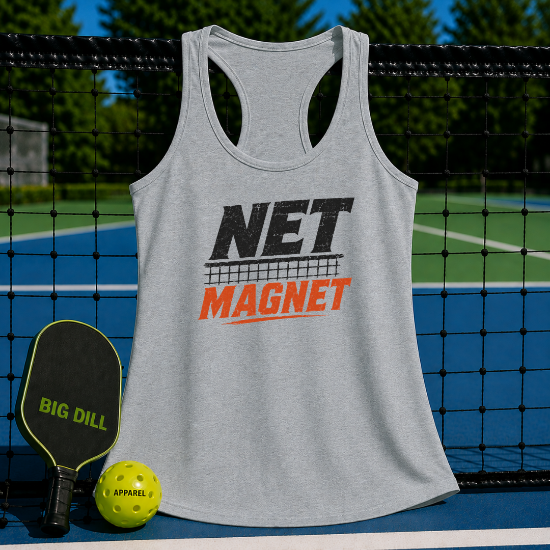 Light gray racerback tank top with Net Magnet graphic, displayed on a pickleball court with a paddle and ball.