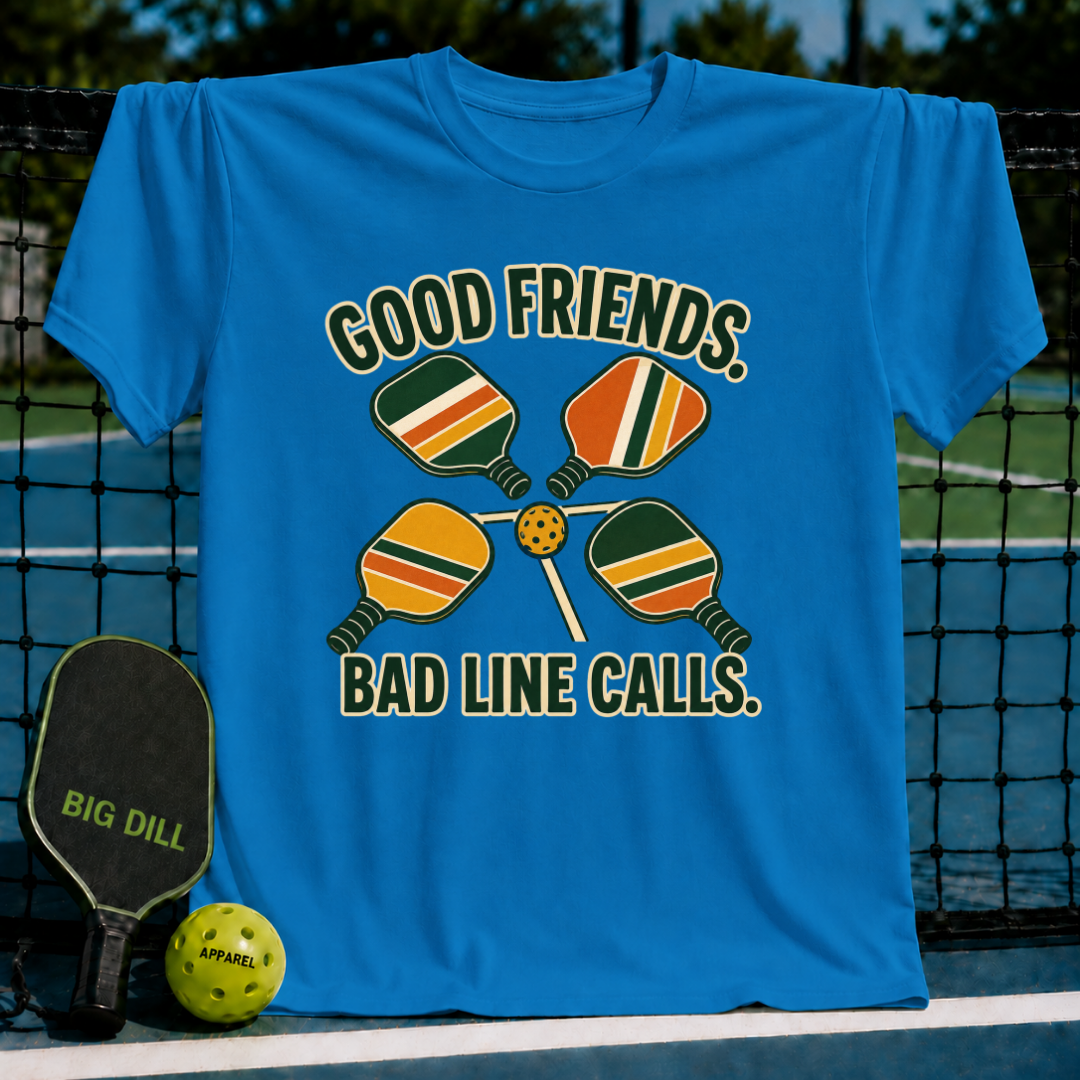 Bright blue crew neck t-shirt featuring a retro pickleball graphic with four paddles and a ball, displayed on a court net.