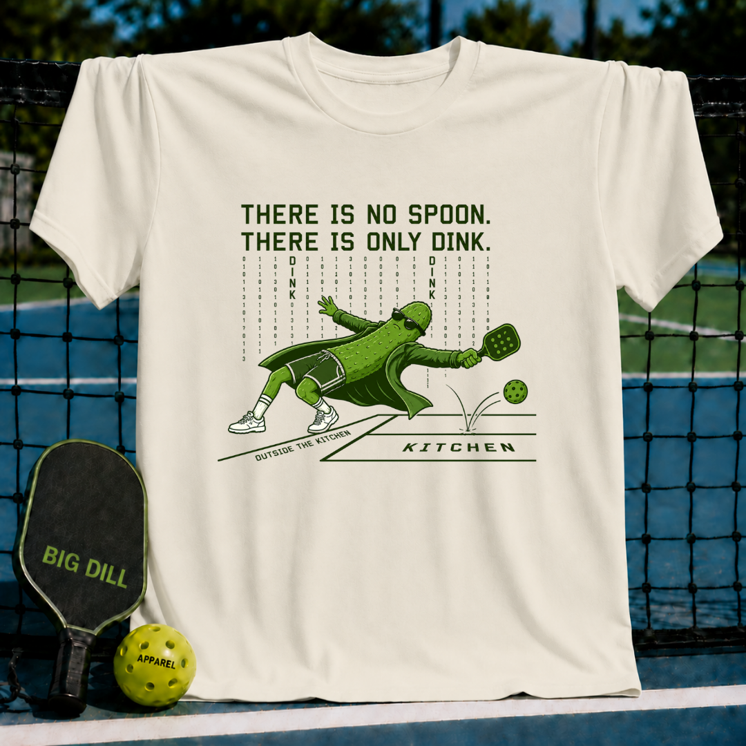 Cream-colored unisex t-shirt featuring a caped pickle character diving to hit a pickleball with a paddle.