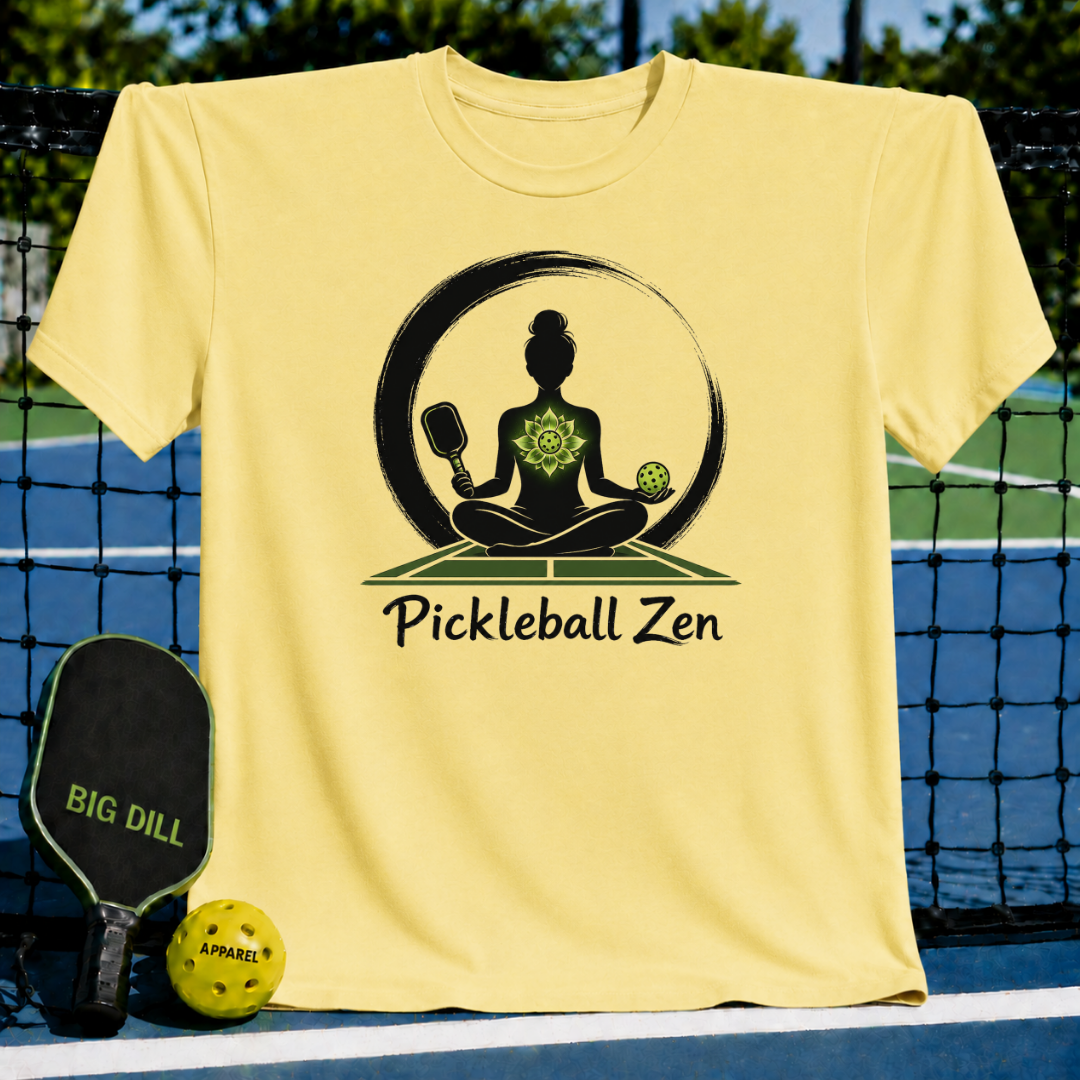 Light yellow t-shirt featuring a Zen-inspired graphic of a woman meditating with a pickleball paddle and ball on a court.