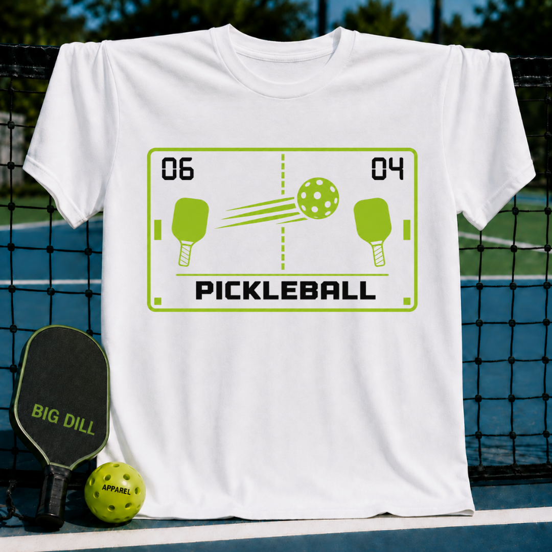 White unisex t-shirt featuring a green retro arcade-style pickleball graphic with paddles, a ball, and a 06-04 score.