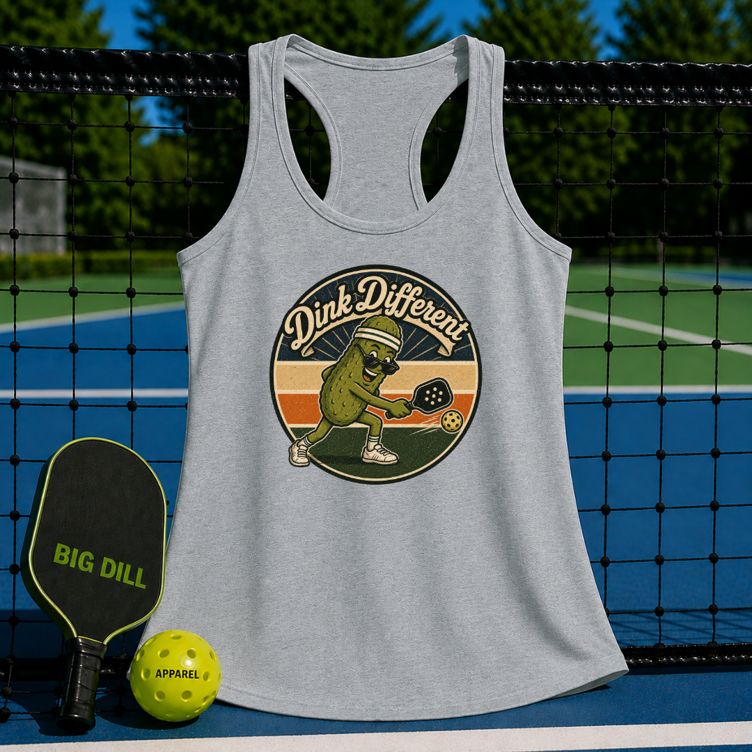 Light grey racerback tank top featuring a retro Big Dill pickleball graphic on a pickleball court background.