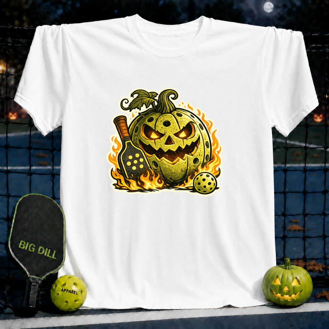 White unisex t-shirt featuring a flaming jack-o'-lantern pickleball graphic with a paddle and ball.