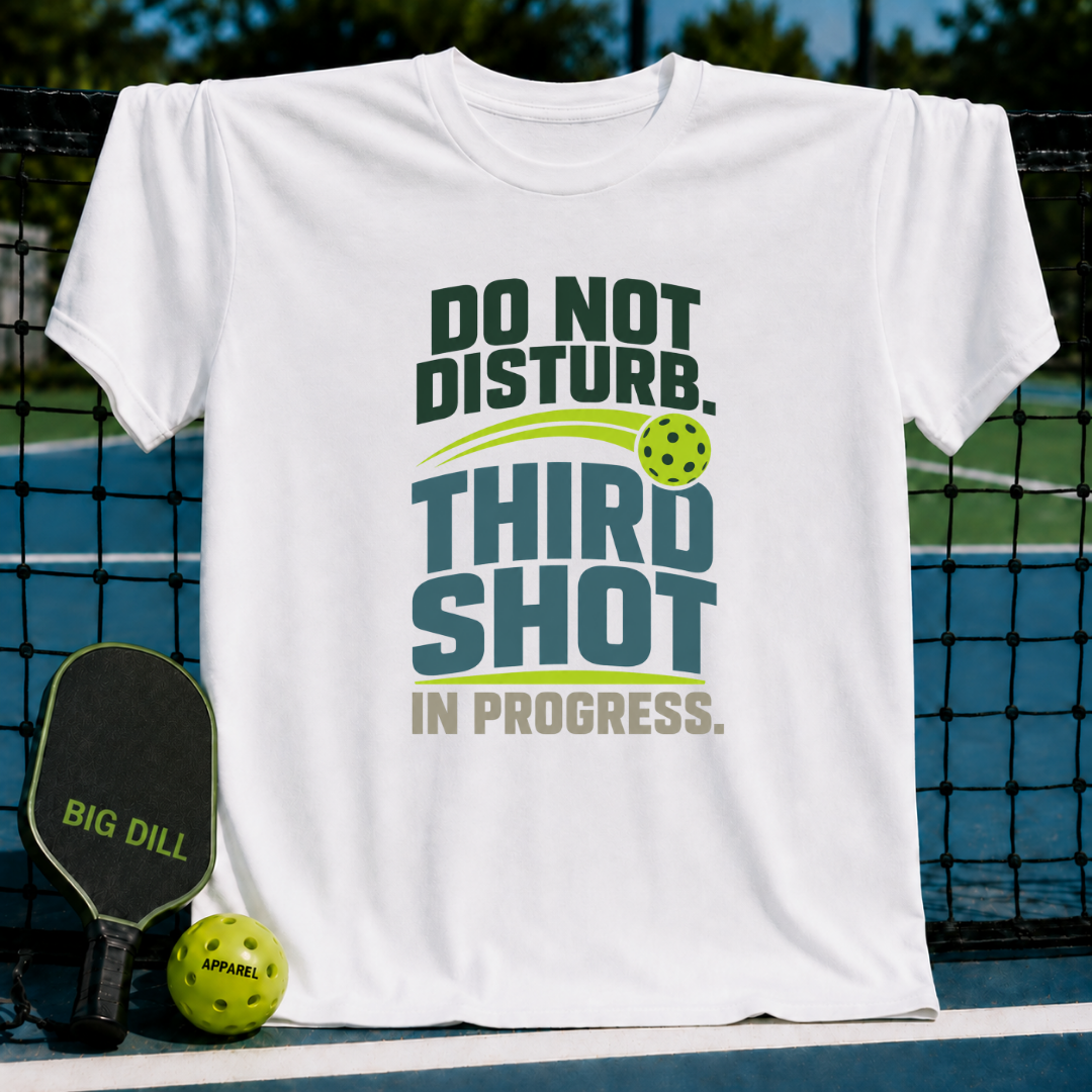 White crew neck t-shirt featuring a green and blue Do Not Disturb Third Shot pickleball graphic on a court background.