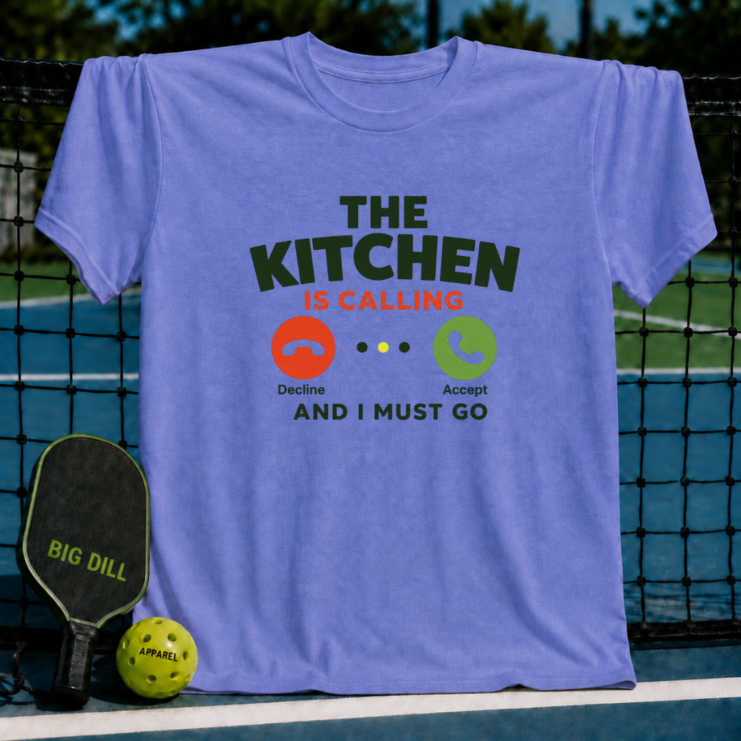 Light purple unisex t-shirt featuring a pickleball phone call graphic with accept and decline buttons on a court.