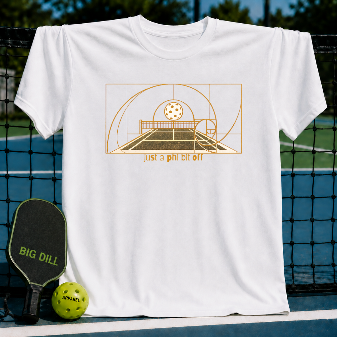 White unisex t-shirt featuring a gold Fibonacci spiral pickleball court graphic and the text Just a Phi Bit Off.
