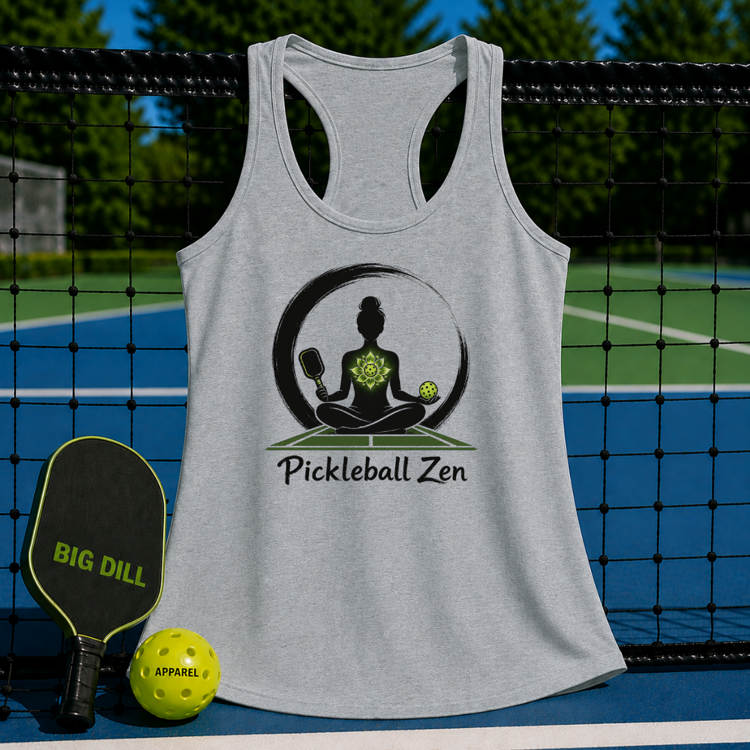 Light grey racerback tank with a Pickleball Zen yoga graphic, displayed on a pickleball court with a paddle and ball.