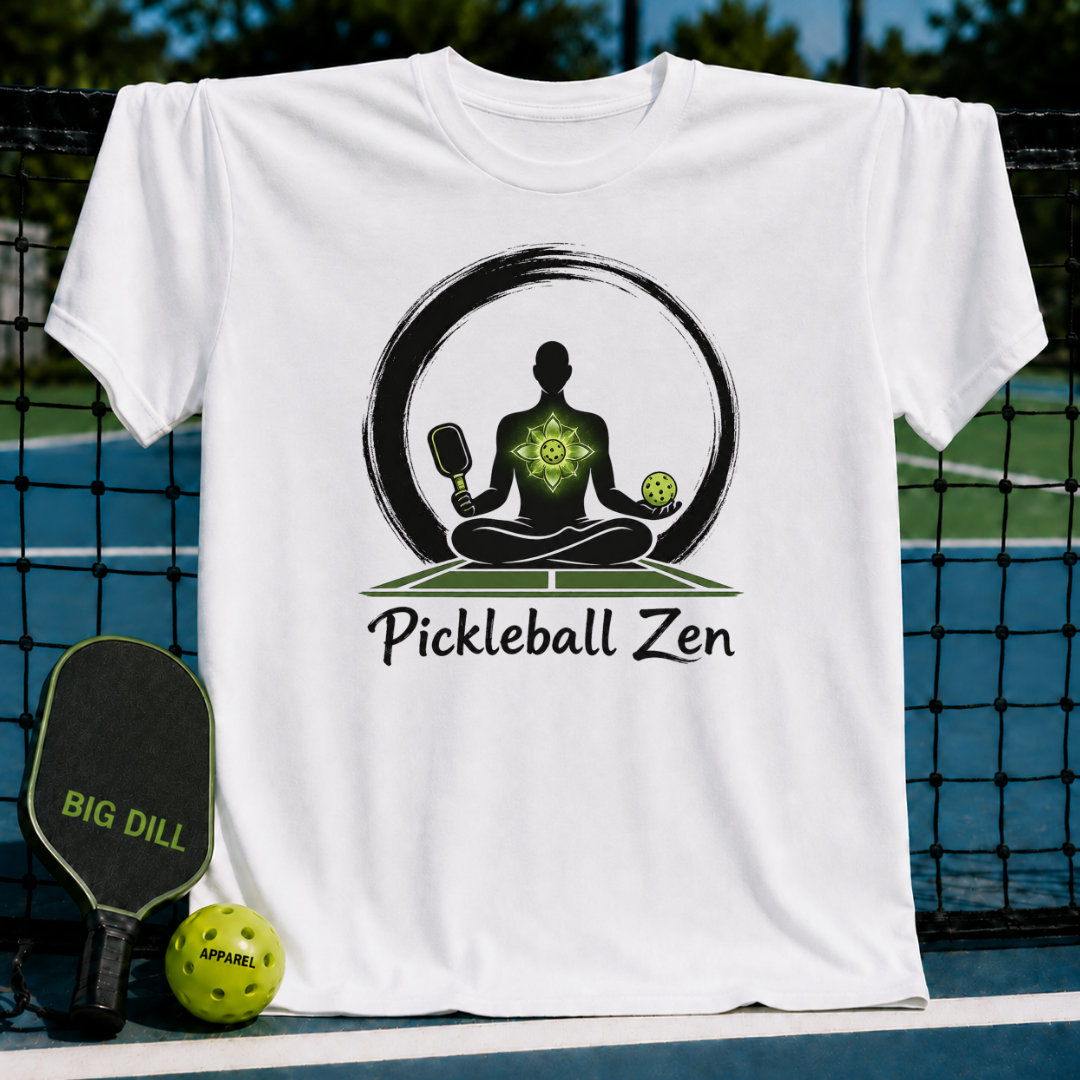 White cotton t-shirt featuring a meditating silhouette with a pickleball paddle and ball, set against a court background.