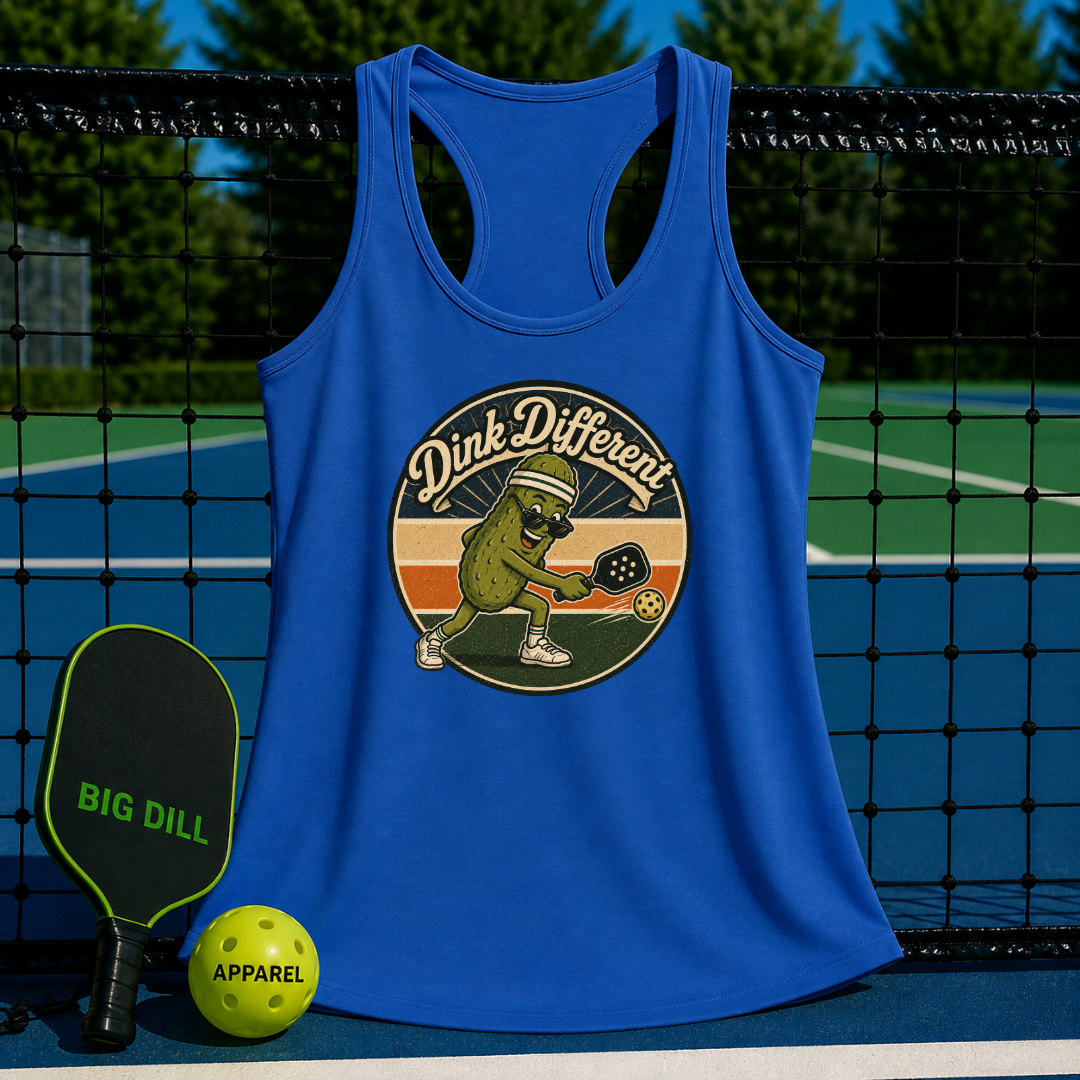 Blue racerback tank with a retro pickleball graphic featuring a pickle character on a pickleball court background.