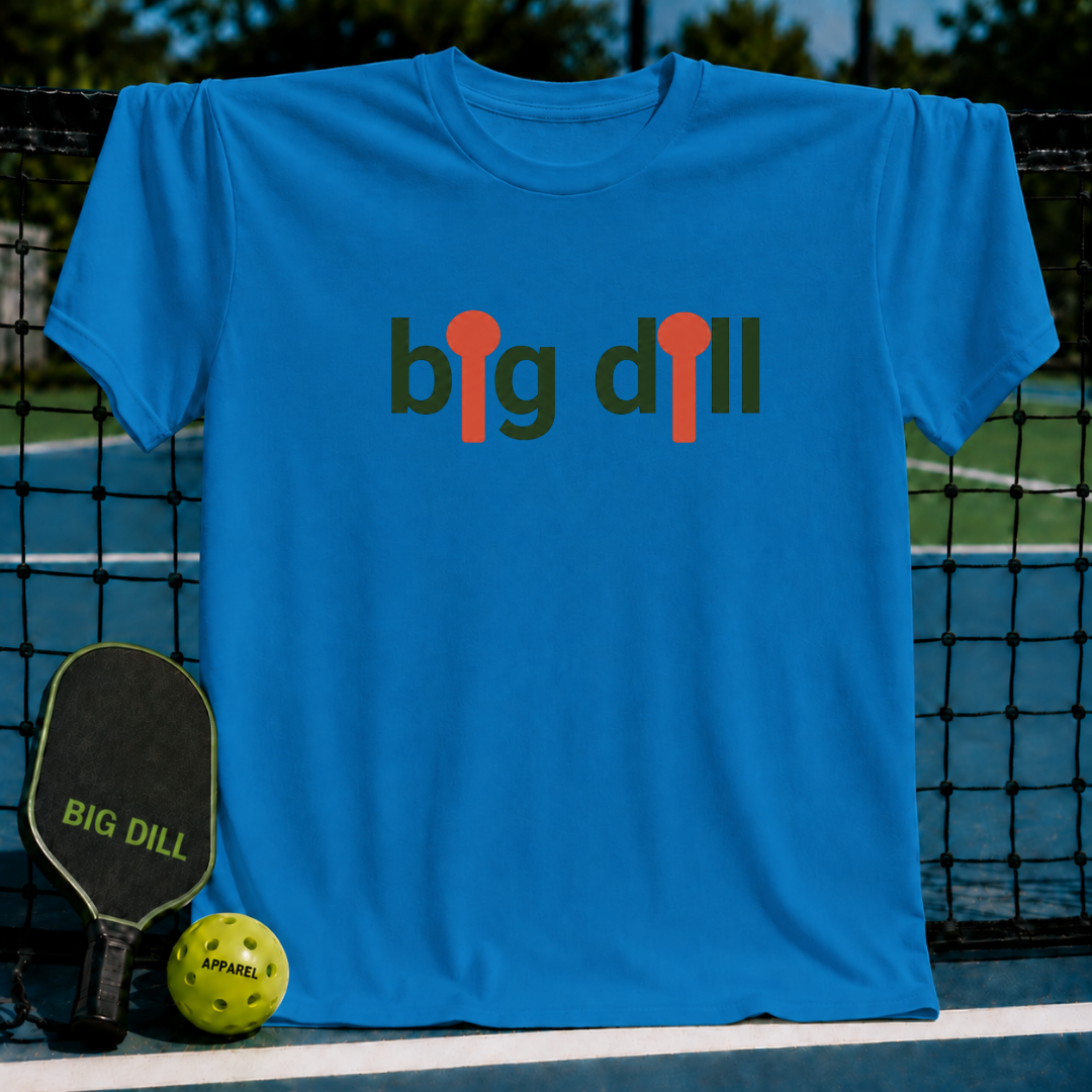 Blue unisex t-shirt featuring a typographic design where orange pickleball paddles replace the letter I.