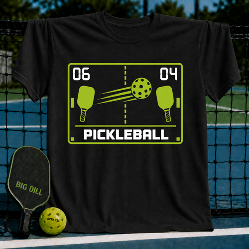 Black unisex t-shirt featuring a retro pixel-style green pickleball arcade game graphic with paddles and a score of 06 to 04.