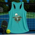 Teal racerback tank top featuring a mountain and pickleball graphic, displayed on a court with a paddle and ball.