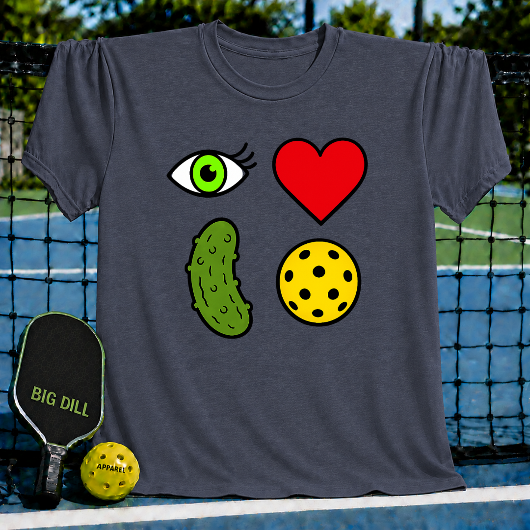 Charcoal grey unisex t-shirt featuring a 2x2 rebus graphic of an eye, heart, pickle, and ball on a pickleball court.