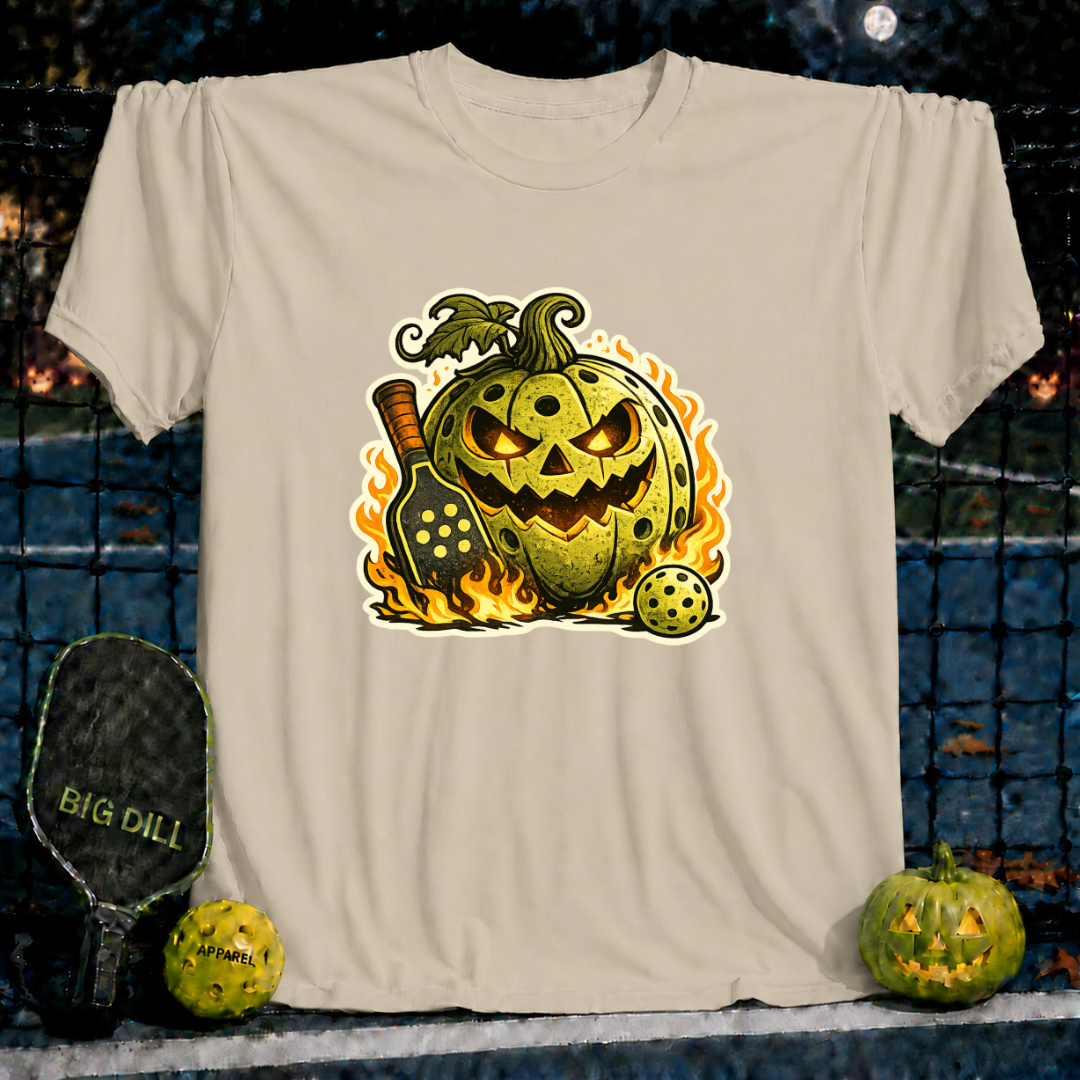 Sand-colored unisex t-shirt featuring a flaming jack-o'-lantern pickleball graphic with a paddle and ball.