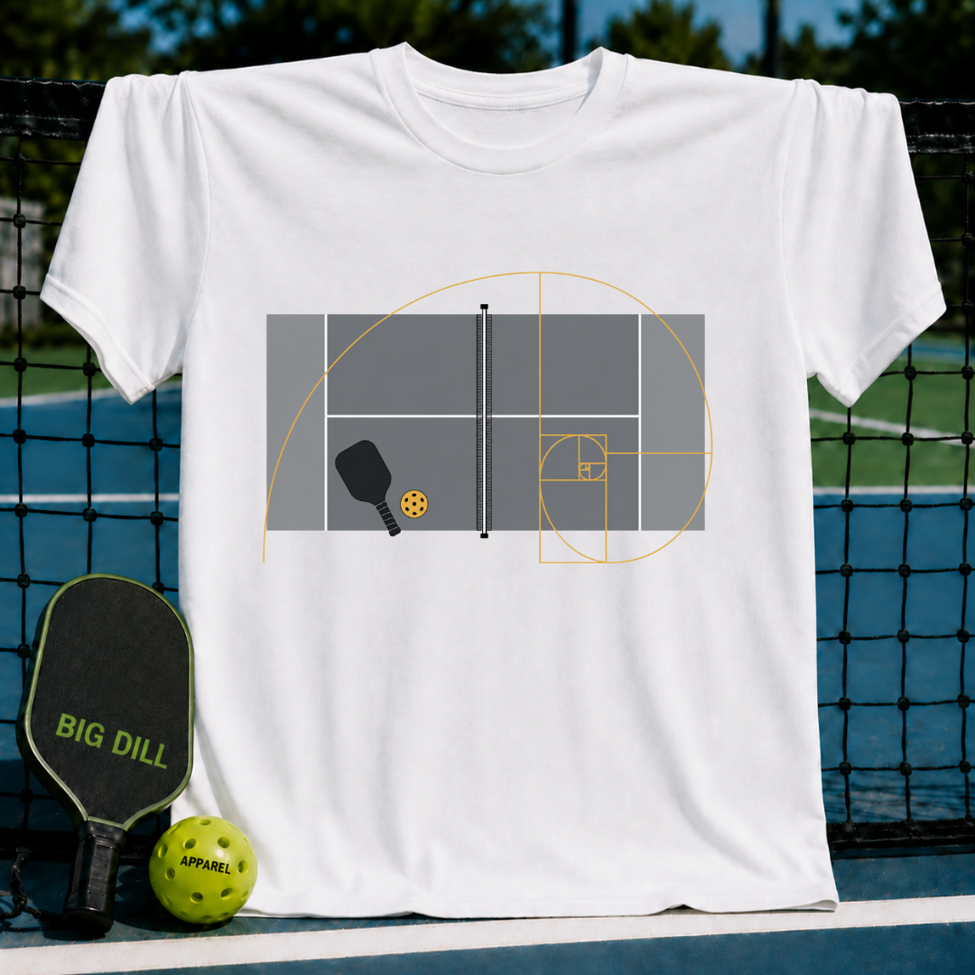 White cotton t-shirt featuring a golden ratio spiral graphic overlaid on a pickleball court design.
