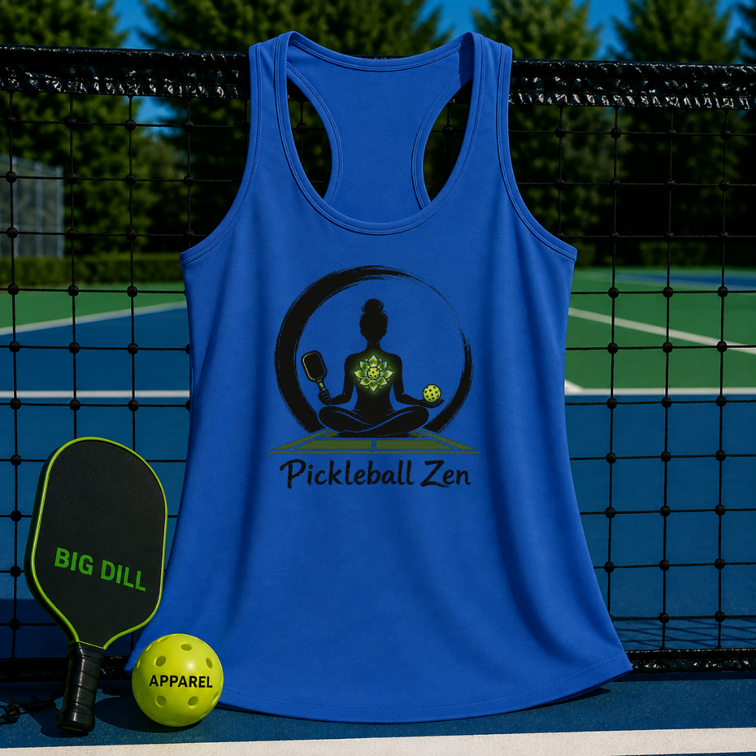 Blue racerback tank top featuring a Pickleball Zen graphic, displayed on a pickleball court with a paddle and ball.