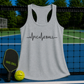 Grey racerback tank top with a black Pickleball EKG heartbeat graphic, displayed on a pickleball court net.