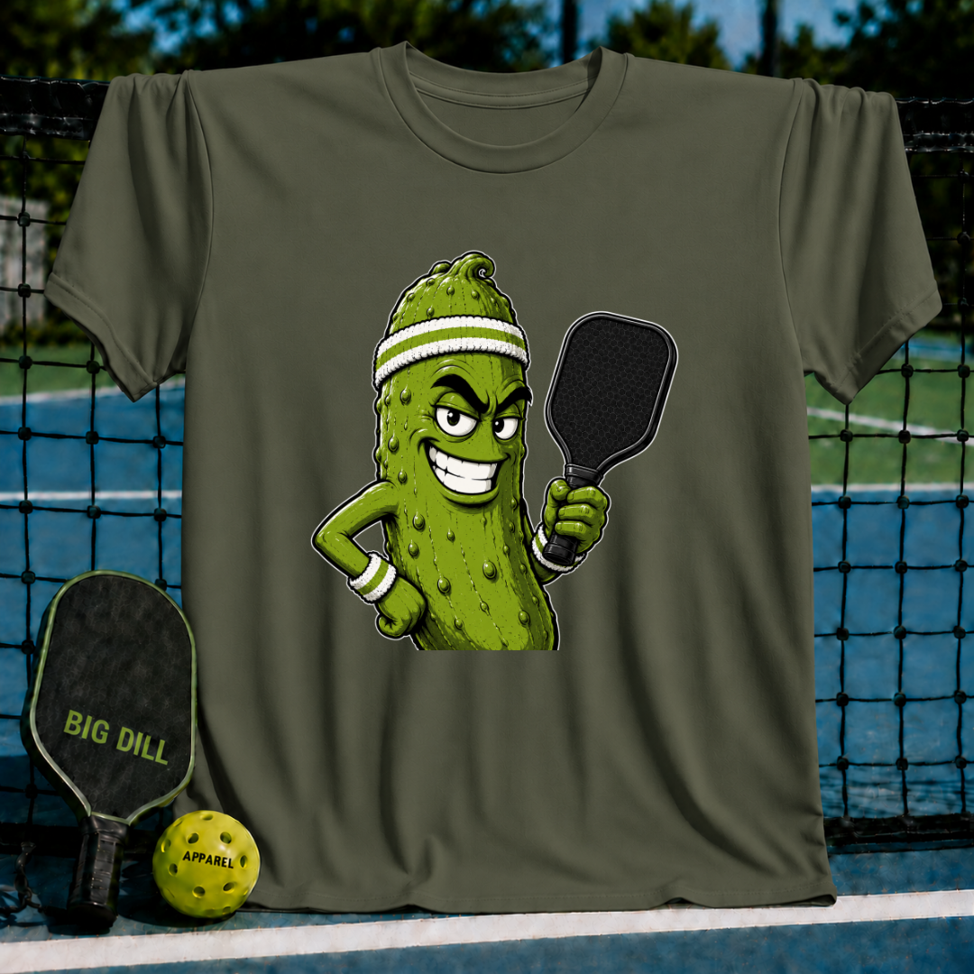 Military olive green unisex t-shirt featuring a smirking pickle character wearing a sweatband and holding a pickleball paddle.