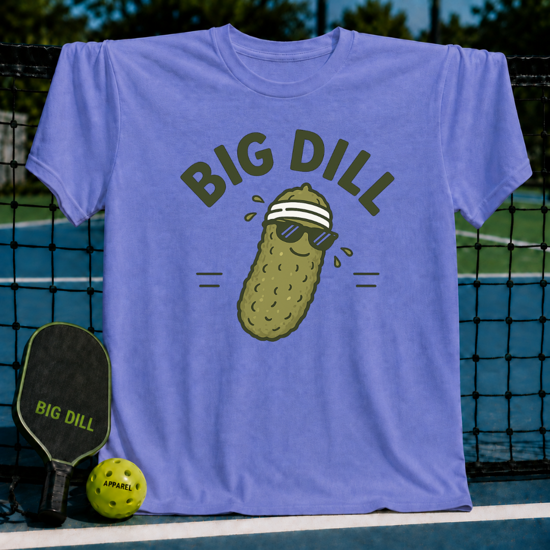 Periwinkle blue unisex t-shirt featuring a graphic of a pickle wearing sunglasses and a sweatband with Big Dill text.