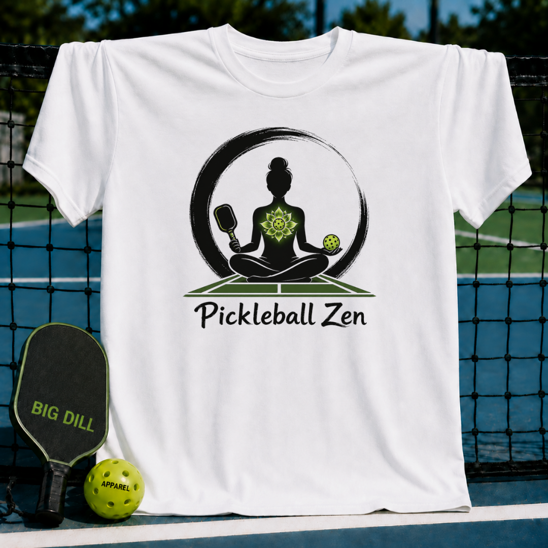 White crew neck t-shirt featuring a black silhouette of a woman meditating on a pickleball court with a paddle and ball.