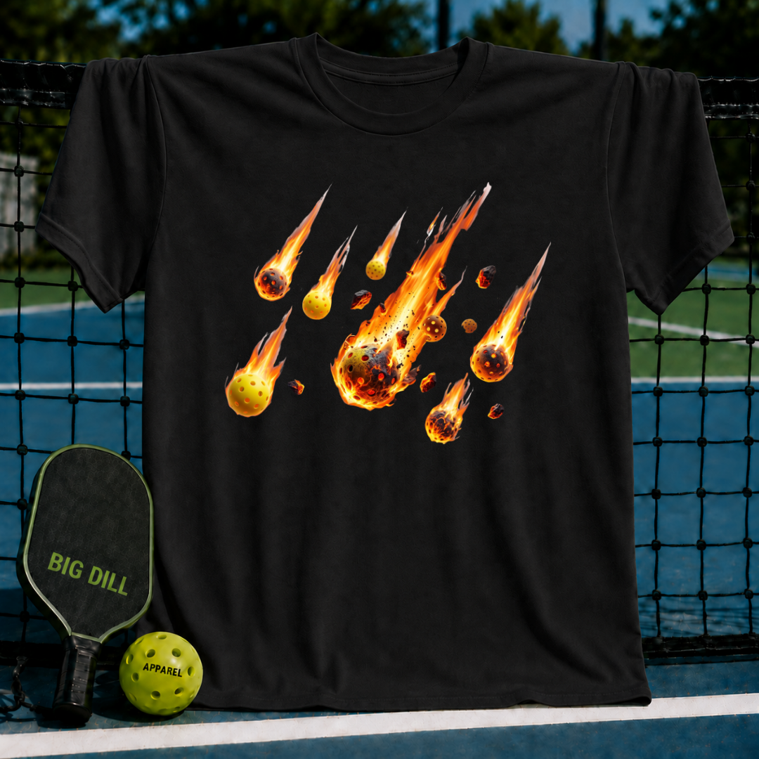 Black heavyweight unisex t-shirt featuring a flaming pickleball meteor shower graphic on the chest, displayed on a court.