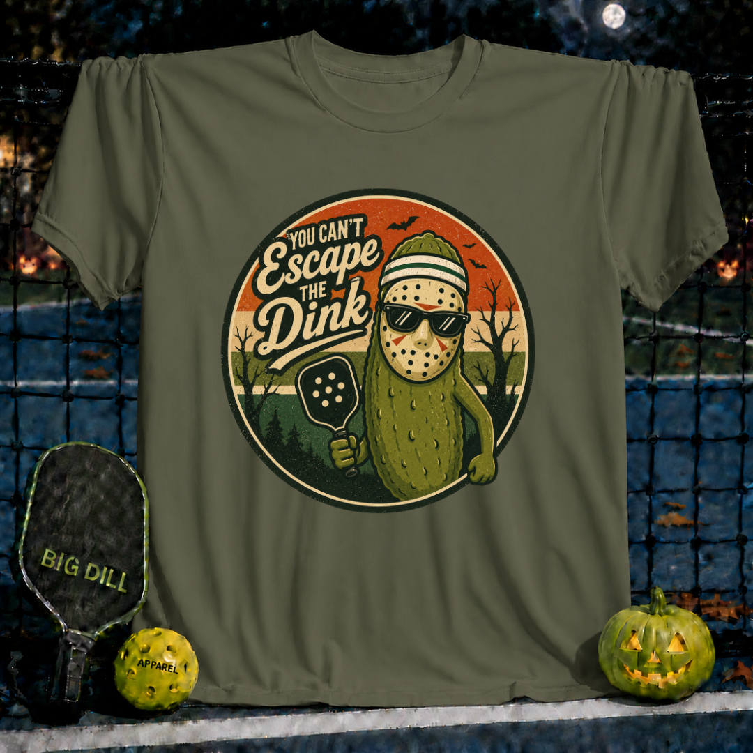 Military green unisex t-shirt featuring a pickleball-themed Jason Voorhees pickle graphic with the text You Can't Escape the Dink.