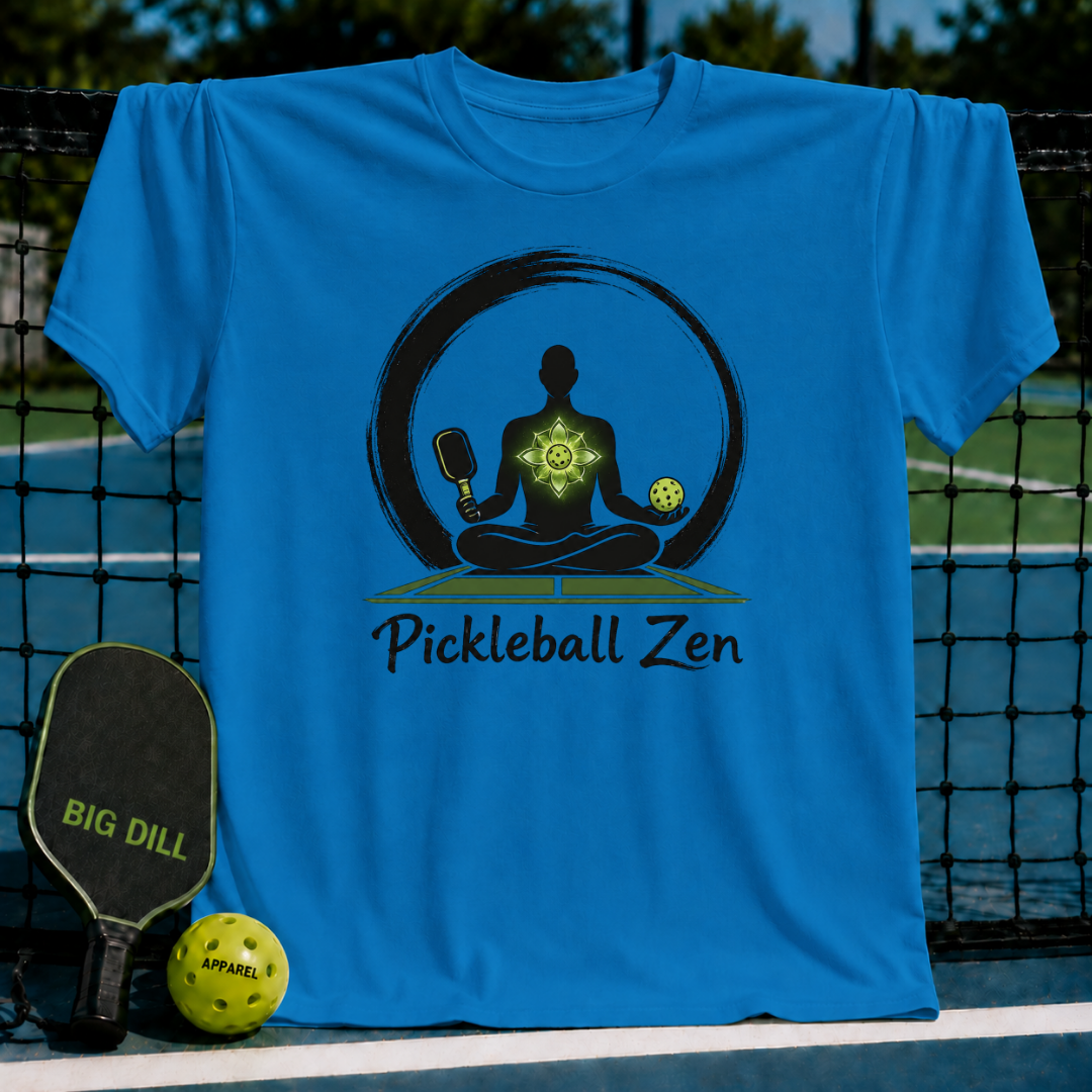 Bright blue crew neck t-shirt featuring a Zen-inspired graphic of a meditating player with a pickleball paddle and ball.