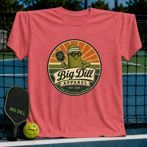 Coral pink unisex t-shirt featuring a retro pickleball mascot graphic with sunglasses and a paddle on a pickleball court.