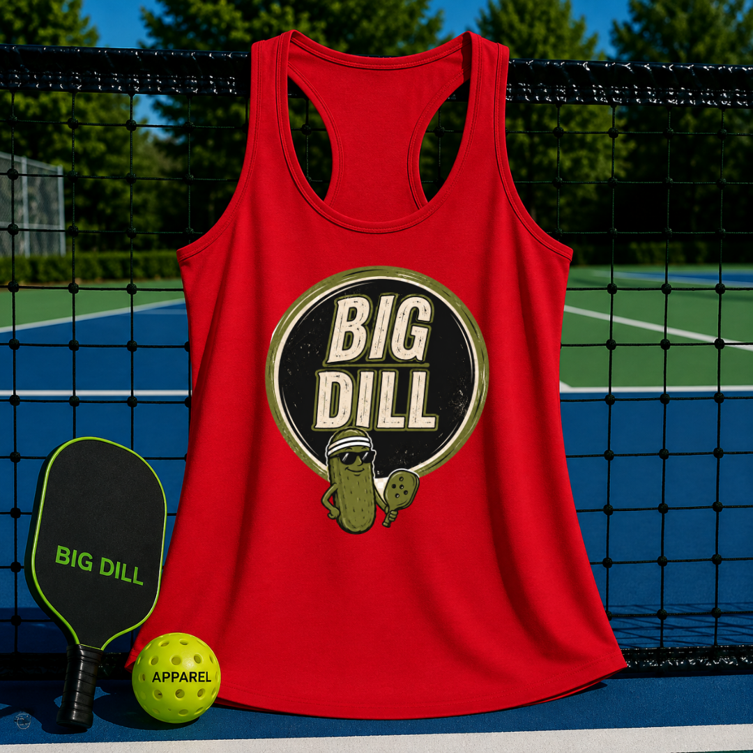 Red racerback tank top featuring a retro Big Dill pickle graphic on a pickleball court background.