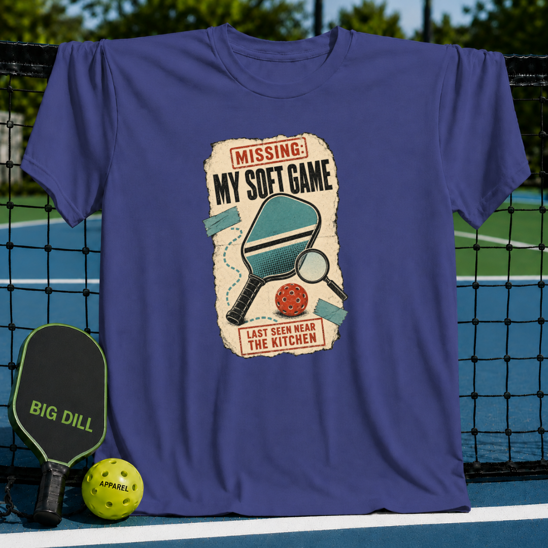 Blue crewneck t-shirt featuring a vintage-style pickleball graphic with a paddle, ball, and Missing My Soft Game text.