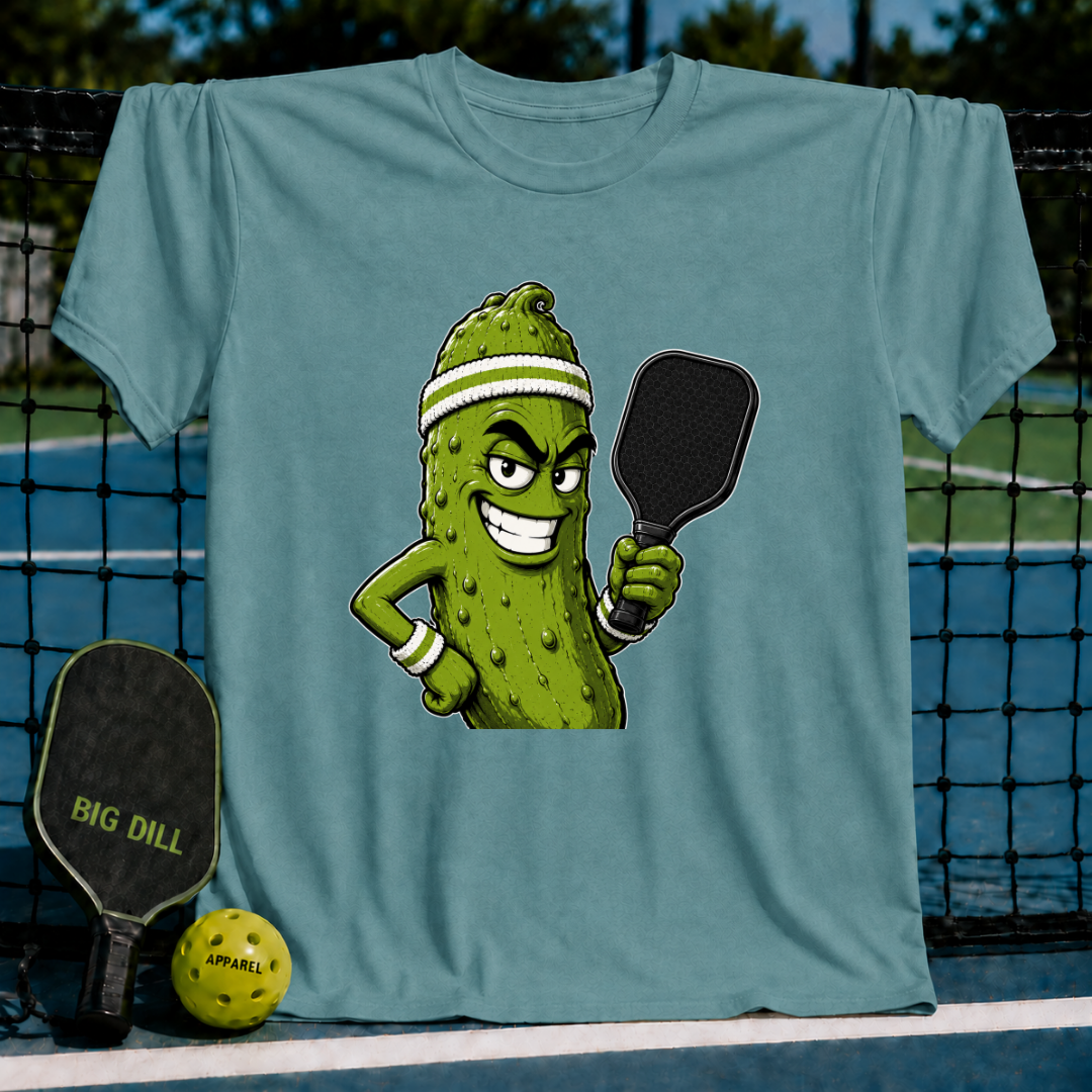 Blue-green unisex t-shirt featuring a smirking pickle character with a sweatband and pickleball paddle.