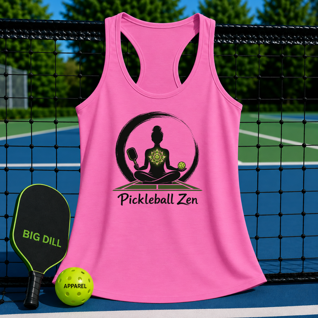 Pink racerback tank with Pickleball Zen yoga graphic, displayed on a pickleball court with a paddle and ball.