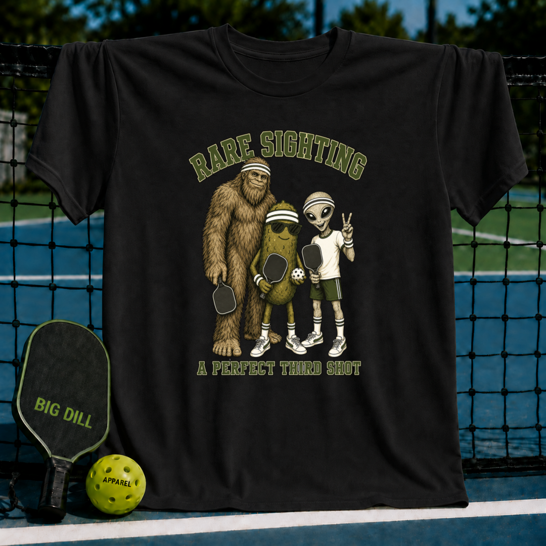 Black cotton t-shirt featuring a graphic of Bigfoot, an alien, and a pickle playing pickleball with Rare Sighting text.