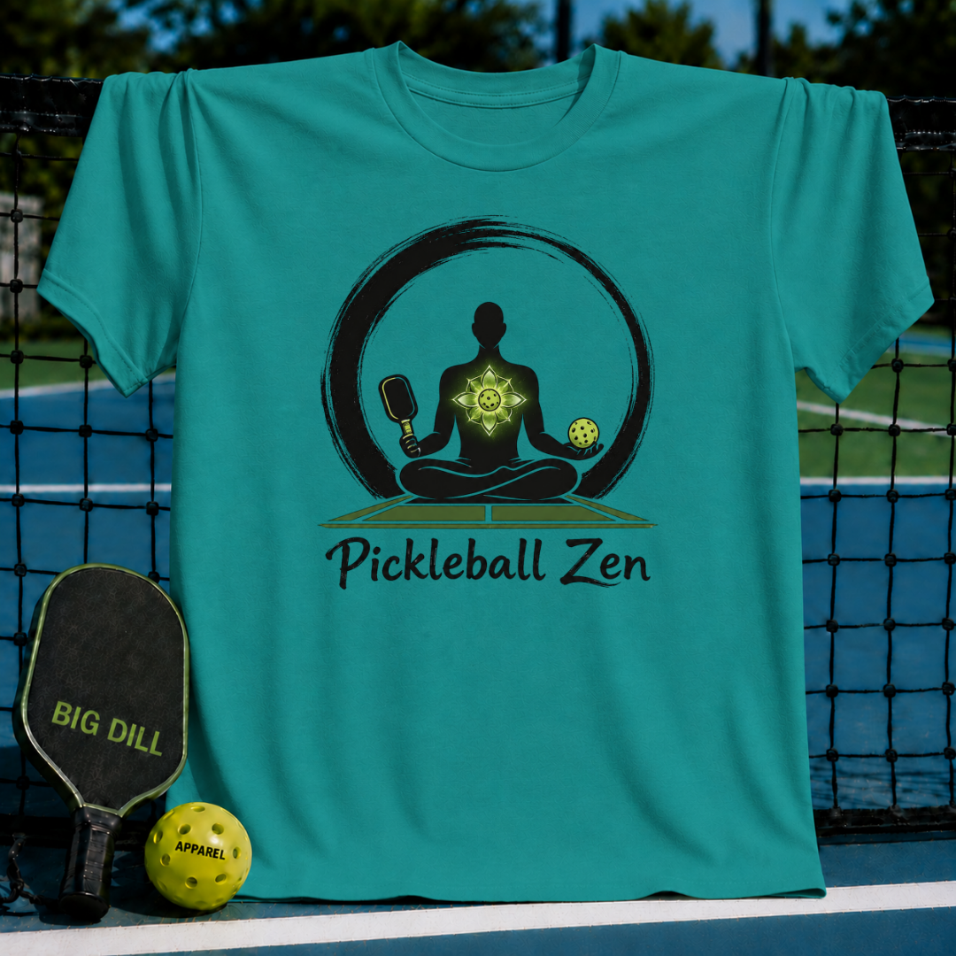 Teal crewneck t-shirt featuring a meditating figure, pickleball paddle, and ball graphic with Pickleball Zen text.