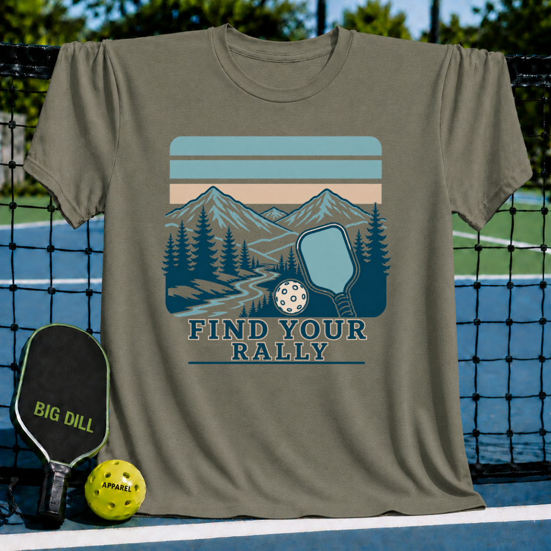 Olive green crewneck t-shirt featuring a retro mountain landscape, pickleball paddle, and ball with Find Your Rally text.