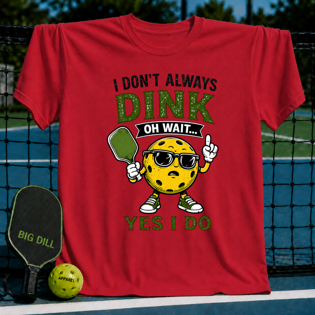 Red crewneck t-shirt featuring a cartoon pickleball character with sunglasses, a paddle, and the text I Don't Always Dink.