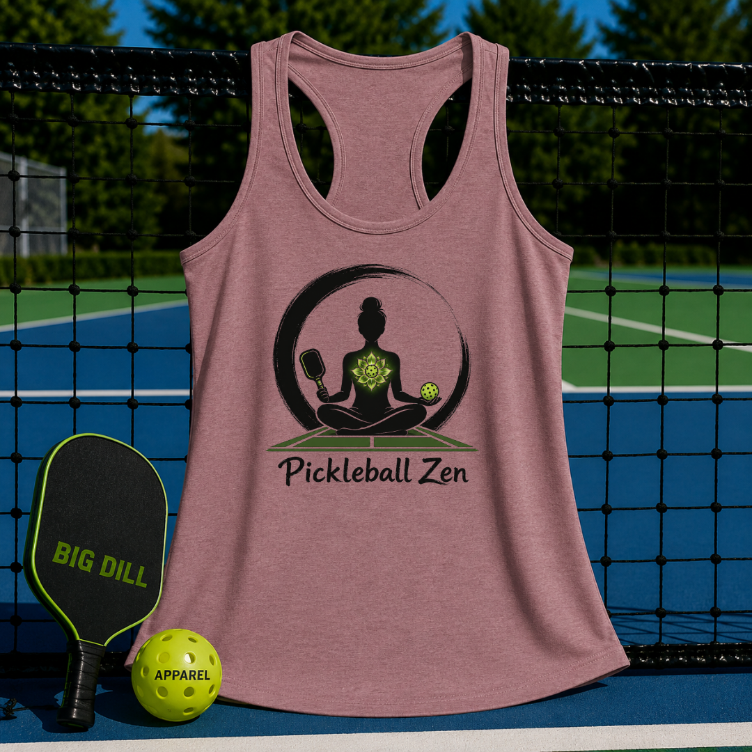 Mauve racerback tank top featuring a Pickleball Zen graphic, displayed on a pickleball court with a paddle and ball.