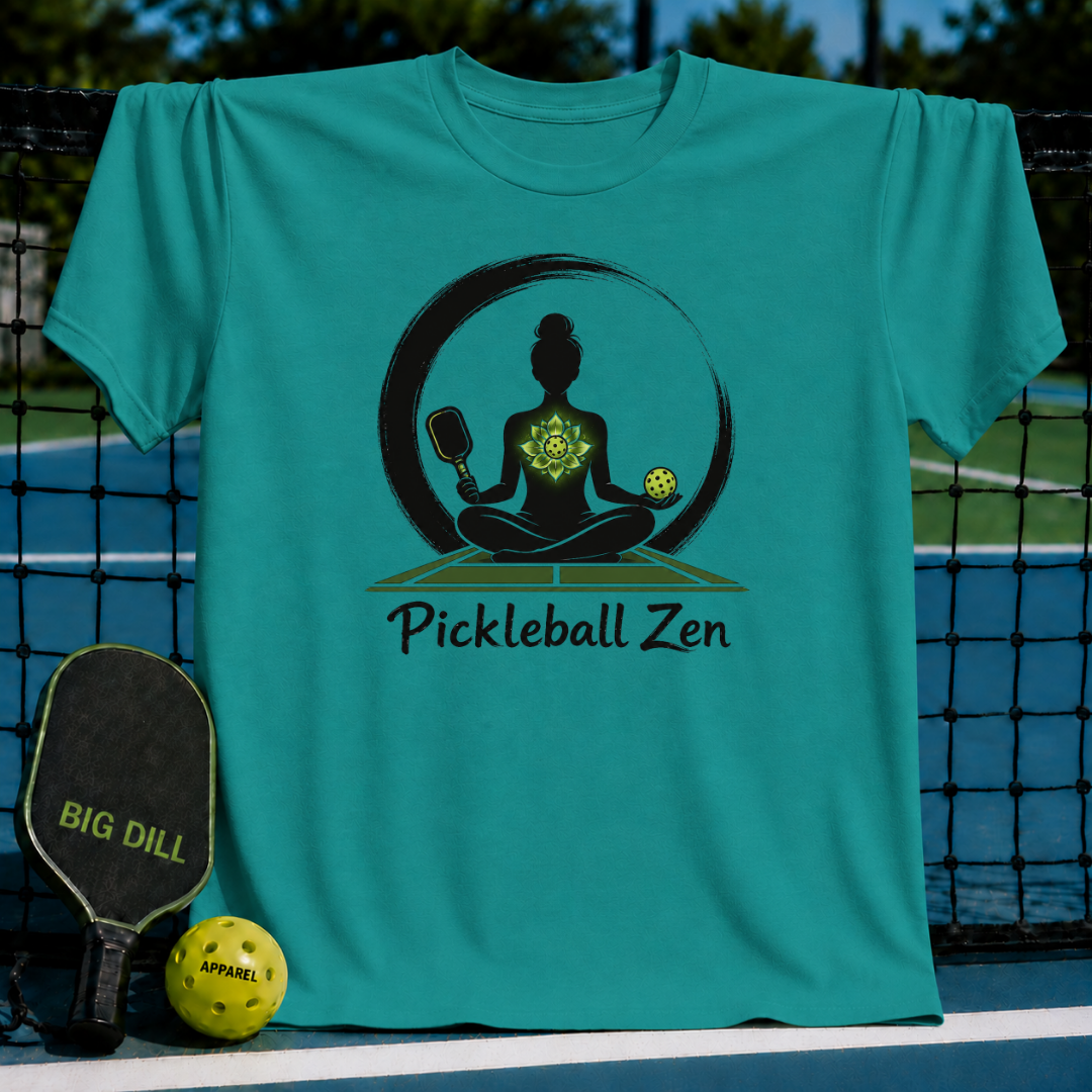 Teal t-shirt featuring a Zen-inspired graphic of a woman meditating with a pickleball paddle and ball on a court background.