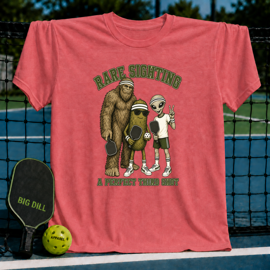 Coral pink crewneck t-shirt featuring a graphic of Bigfoot, a pickle, and an alien playing pickleball on a court.