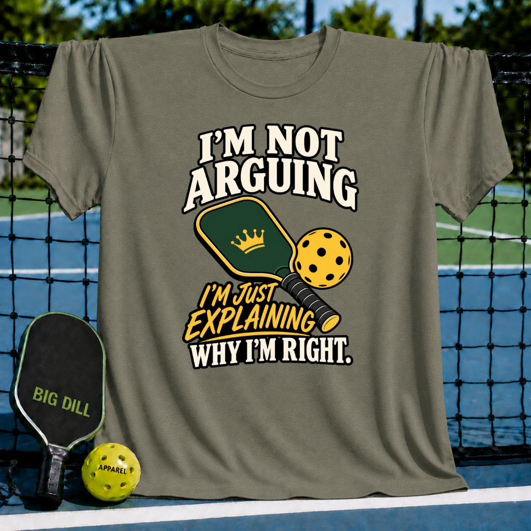 Olive green crew neck t-shirt featuring a pickleball paddle and ball graphic with the text I'm Not Arguing I'm Just Explaining.