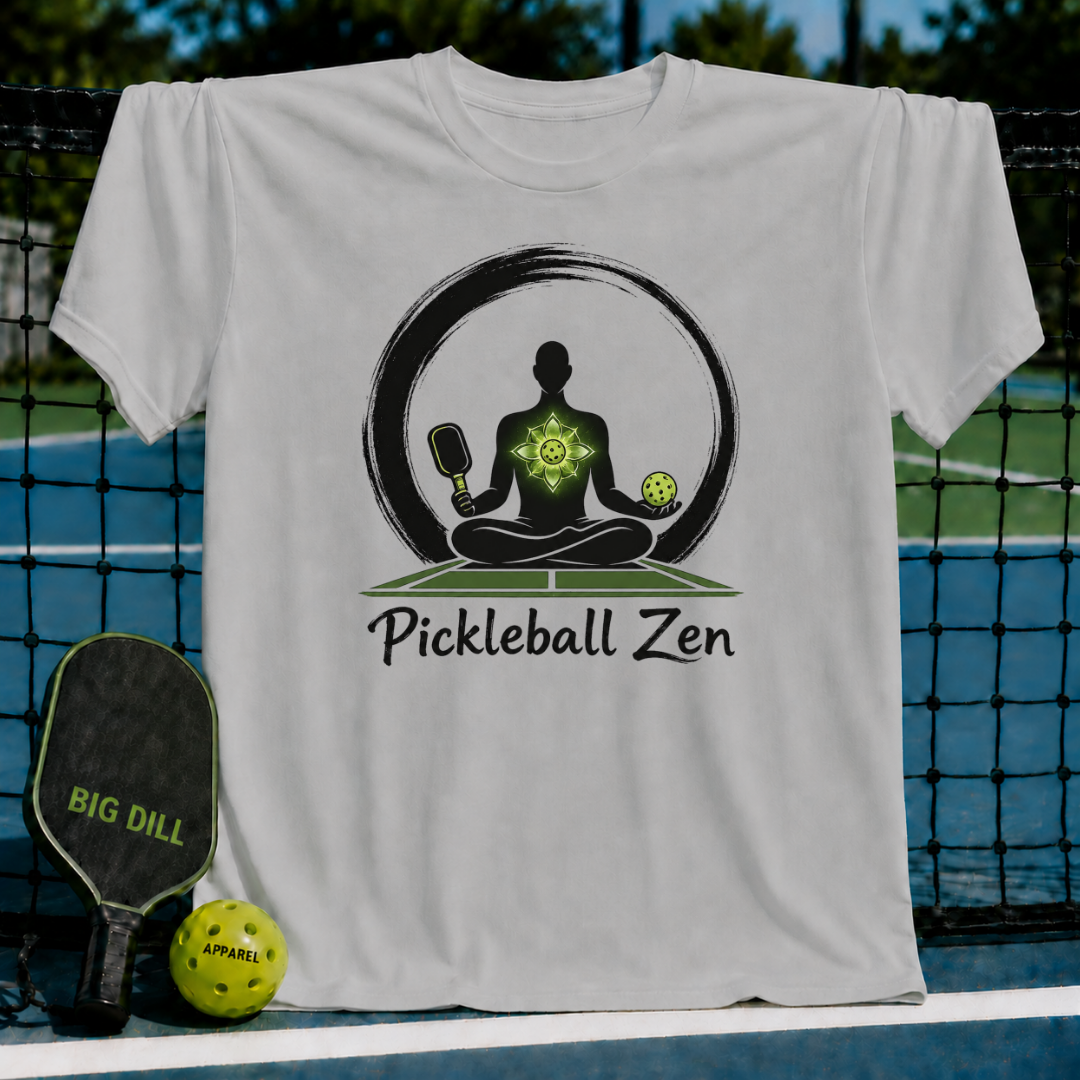 Light gray unisex t-shirt featuring a meditating silhouette with a pickleball paddle and ball graphic on a court background.