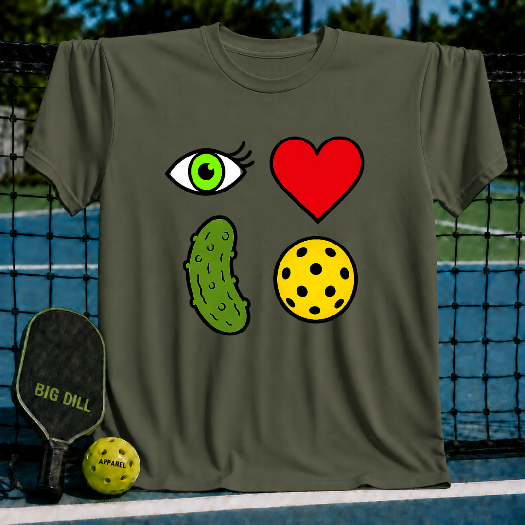 Olive green unisex t-shirt featuring a 2x2 rebus graphic of an eye, red heart, pickle, and yellow pickleball.